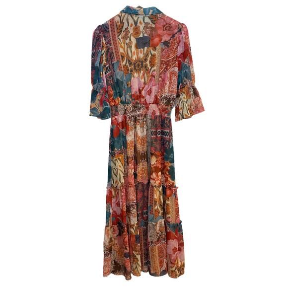 Chico's Tapestry Print Tiered Ruffled Shirt Dress Midi Boho Floral Collared 00 2 - Picture 3 of 10